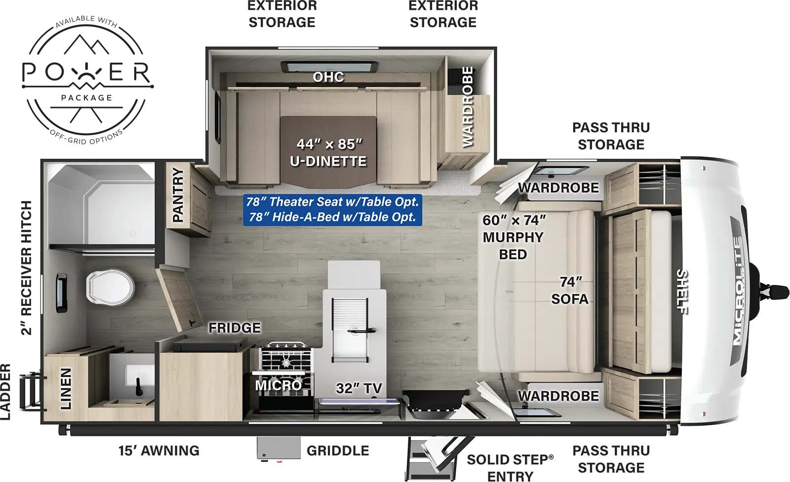 The Flagstaff Micro Lite 22SQS floorplan has one entry and one slide out. Exterior features include: fiberglass exterior and 15' awning. Interiors features include: u-dinette, murphy bed and rear bathroom.